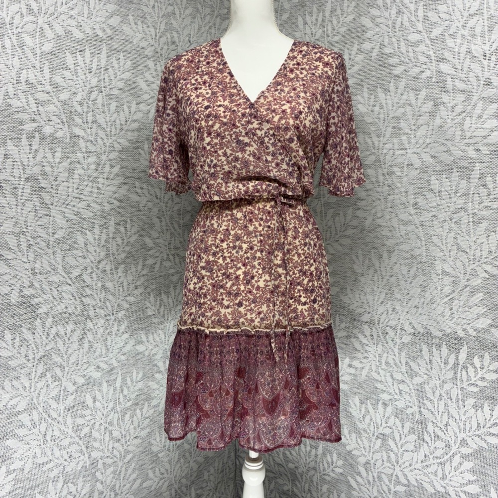 Euro Summer Japna Faux Wrap Mini Dress Large Floral Paisley Flutter Sleeve Boho